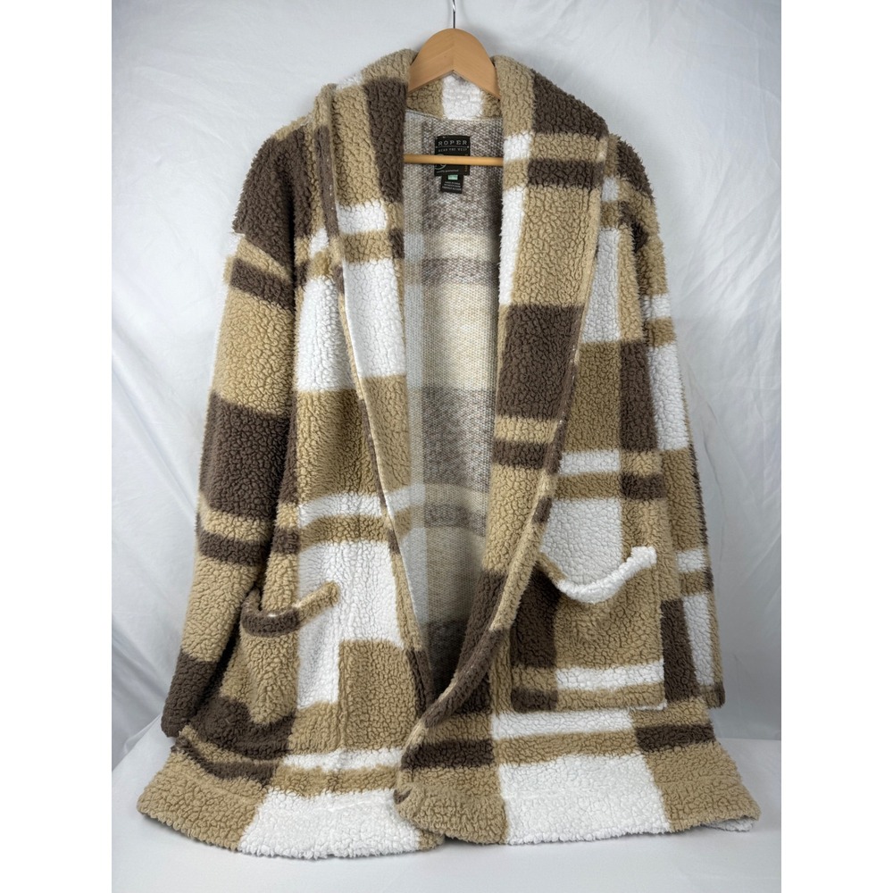 Roper Large Wear the West Brown Plaid Sherpa Fleece Open Front Cardigan Jacket